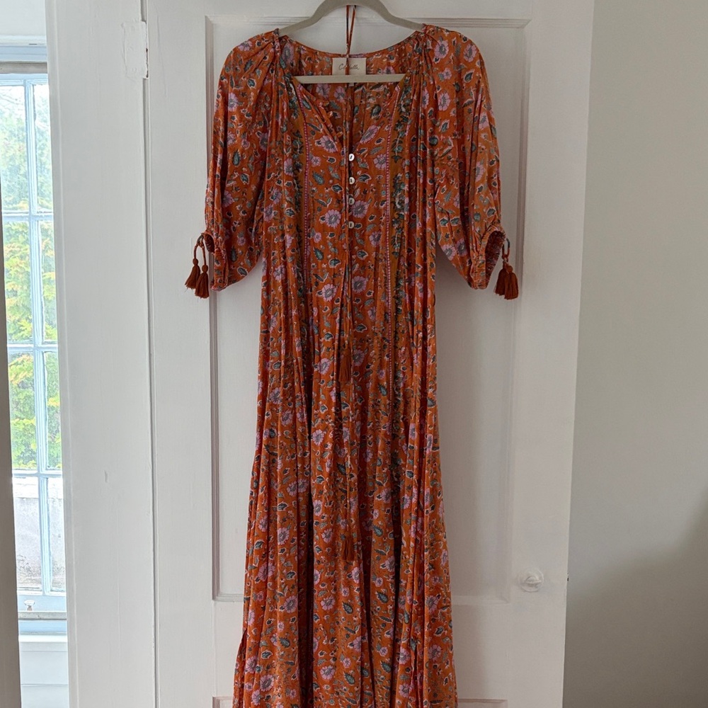 Cleobella Rust Orange Floral Maxi Dress with Tassel Sleeves